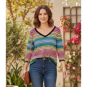 Studio by Liz Claiborne Womens Petite Size S 3/4 Sleeve Blouse Striped Vneck Y2K